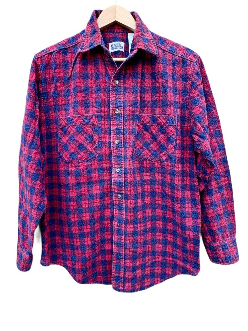 VTG Basic Editions Flannel Shirt Mens Med Red Plaid Distressed Rugged Grunge